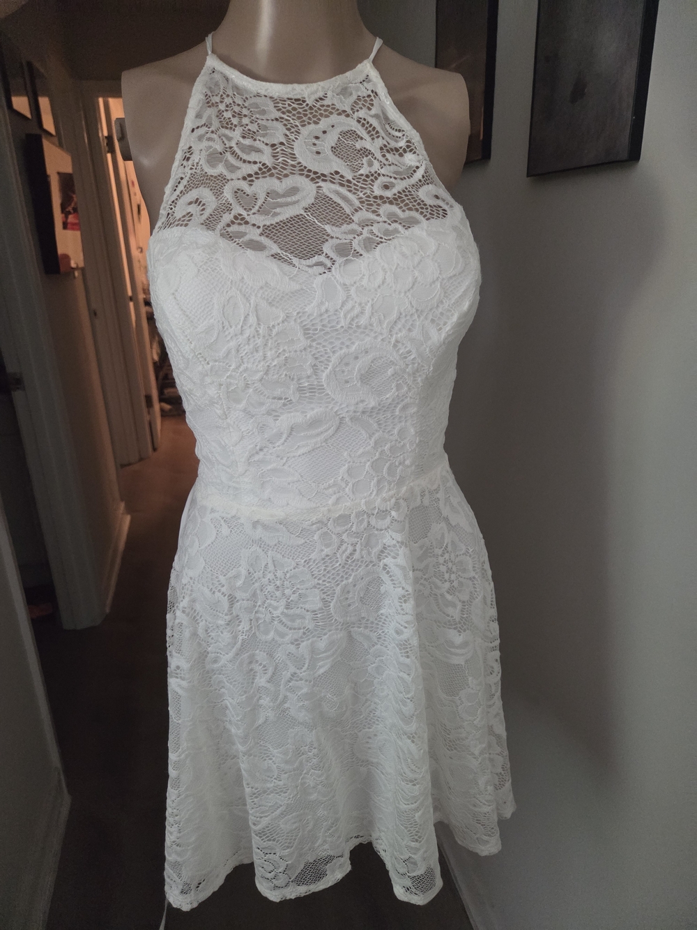 B. Darlin Sz 11/12 White Lace Halter Dress Open Lattice Back Skater Dress
